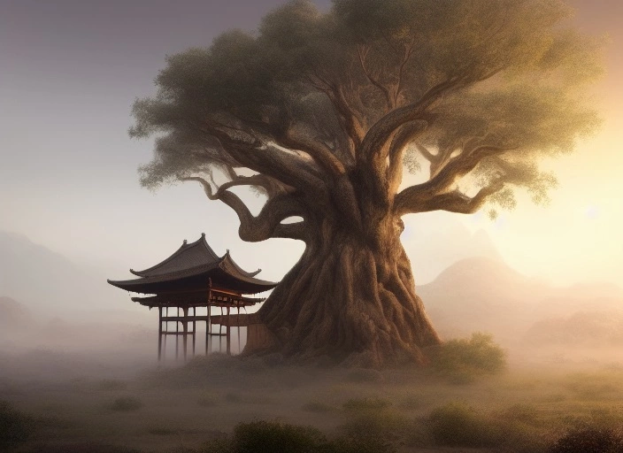 00698-3685642923-a highly detailed epic cinematic concept art CG render digital painting artwork_  big oak treehouse in misty desert with buddhis.webp